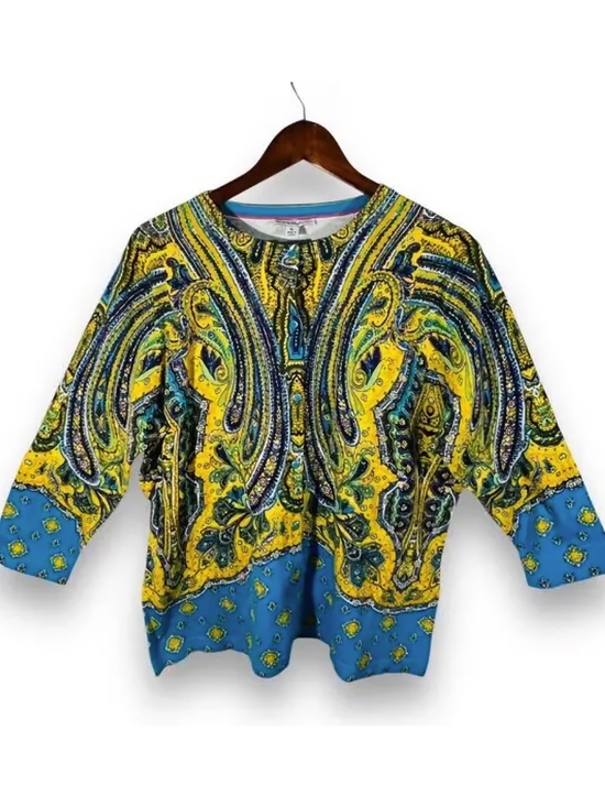 Isaac Mizrahi Sweaters - Isaac Mizrahi Paisley Cardigan Sweater Blue Yellow 3/4 Sleeve XL
